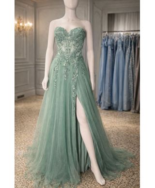 Vestito elegante con gonna in tulle, tiffany - Sintra - Vestiti Verde salvia - Gogolfun.it