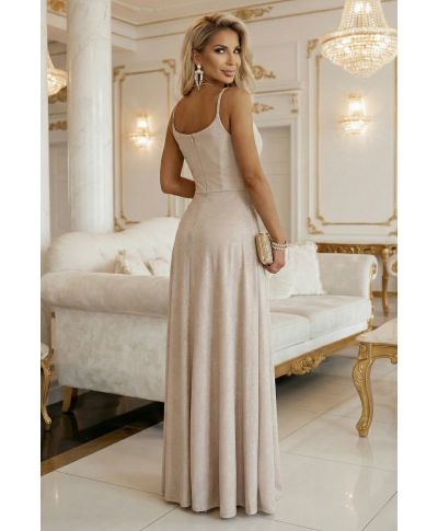 Abito lungo da cerimonia beige champagne luminoso con spacco e scollo incrociato – Chiara - gogolfun.it