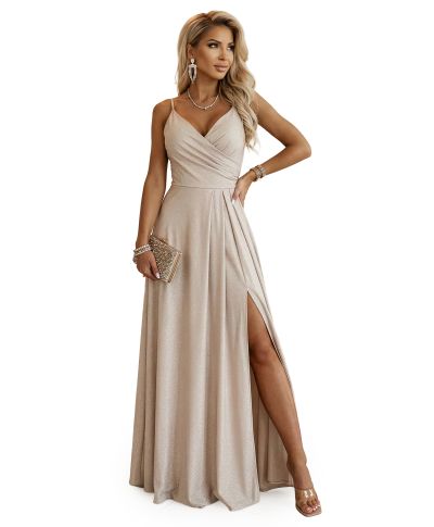 Abito lungo da cerimonia beige champagne luminoso con spacco e scollo incrociato – Chiara - gogolfun.it