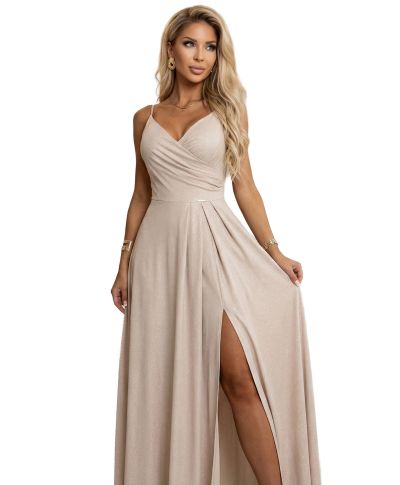 Abito lungo da cerimonia beige champagne luminoso con spacco e scollo incrociato – Chiara - gogolfun.it