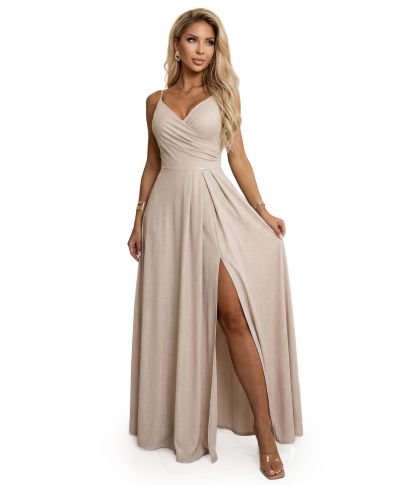 Abito lungo da cerimonia beige champagne luminoso con spacco e scollo incrociato – Chiara - gogolfun.it