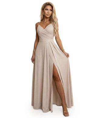  299-20 CHIARA Sukienka maxi na ramiączkach z kopertowym dekoltem i rozcięciem na nodze - szampański beż z brokatem 