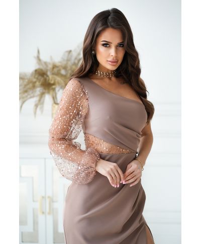 Abito lungo elegante da donna - Monospalla - Colore cammello