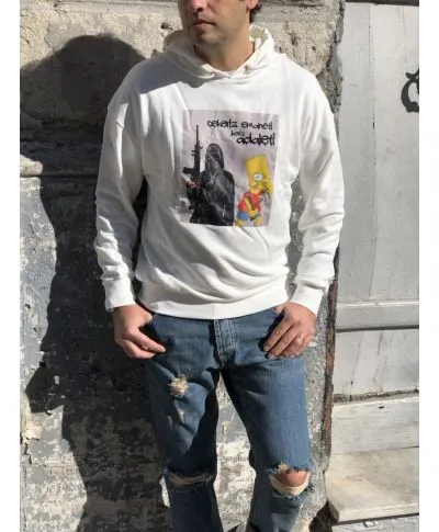 Felpa con cappuccio, bianca con stampa vintage