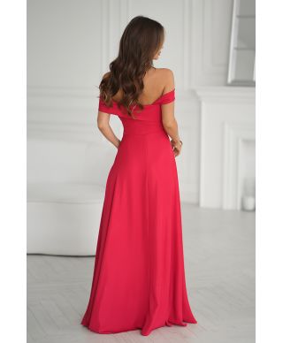 Abito lungo rosso con spacco e scollo alla spagnola - Manichette cadenti