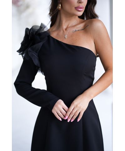 Abito corto nero da cerimonia - Rosa sulla Spalla – Monospalla - Modello asimmetrico