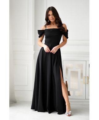 Abito elegante, lungo - Spacco sulla gamba - Spalline cadenti - Nero