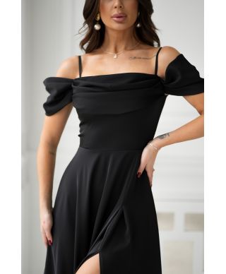 Abito elegante, lungo - Spacco sulla gamba - Spalline cadenti - Nero