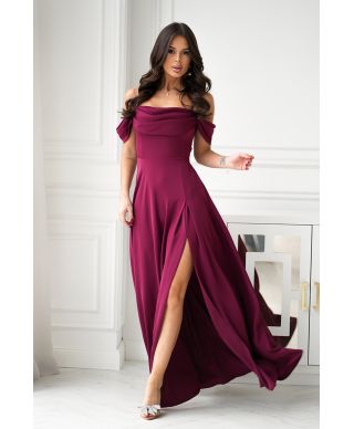 Abito elegante, lungo - Spacco sulla gamba - Spalline cadenti - Bordeaux