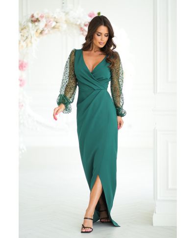 Abito elegante, lungo - Maniche in paillettes - Verde bottiglia - Scarlet