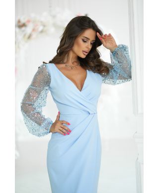 Abito elegante, lungo - Maniche in paillettes - Colore azzurro - Scarlet