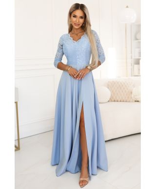 Amber abito elegante lungo azzurro con corpetto in pizzo e gonna fluida con spacco - gogolfun.it