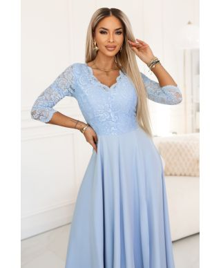  309-15 AMBER elegancka długa koronkowa suknia z dekoltem - błękitna 