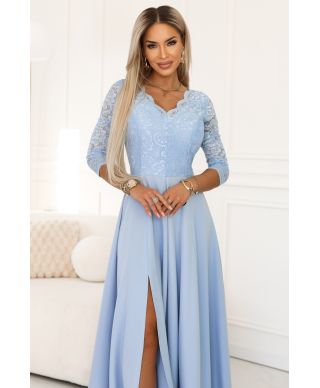  309-15 AMBER elegancka długa koronkowa suknia z dekoltem - błękitna 