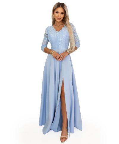 Amber abito elegante lungo azzurro con corpetto in pizzo e gonna fluida con spacco - gogolfun.it