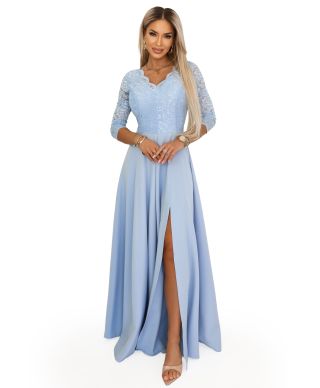  309-15 AMBER elegancka długa koronkowa suknia z dekoltem - błękitna 
