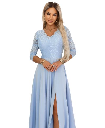 Amber abito elegante lungo azzurro con corpetto in pizzo e gonna fluida con spacco - gogolfun.it