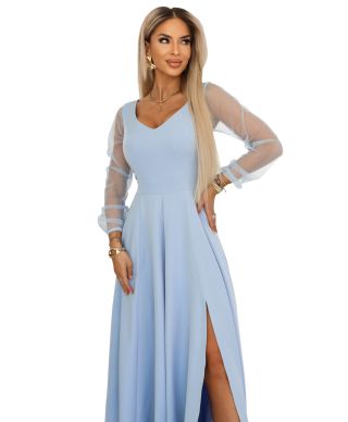  640-5 LORETTA wyjątkowa długa sukienka z tiulowymi rękawami i dekoltem - błękitna 