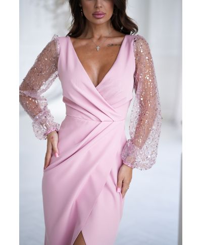 Abito da cerimonia con maniche trasparenti e paillettes - Rosa sporco