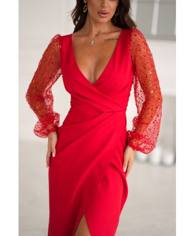 Abito da cerimonia con maniche trasparenti e paillettes - Colore rosso