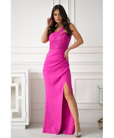 Abito a sirena - Monospalla - Corpetto decorato - Fucsia - Julia