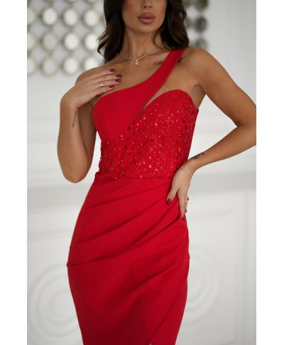 Abito a sirena - Monospalla - Corpetto decorato – Rosso