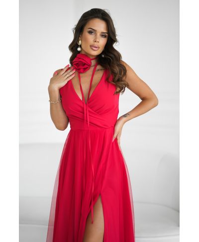 Abito elegante lungo - Spacco sulla gamba - Rosso