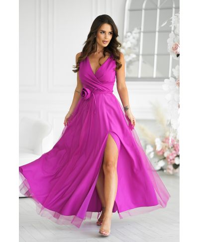 Abito elegante lungo - Spacco sulla gamba - Magenta