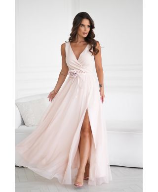 Abito elegante lungo - Spacco sulla gamba - Colore beige