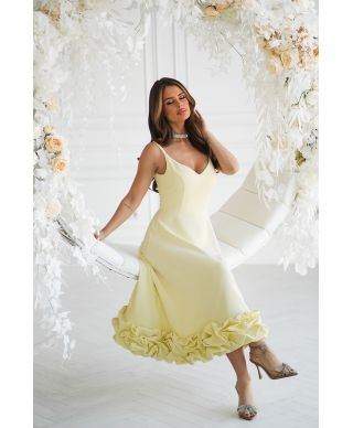 Vestito midi giallo - Spalline Sottili e balza floreale – Tessa