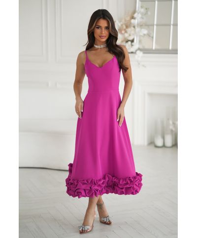 Abito midi elegante fucsia intenso con balza floreale 3D – Tessa