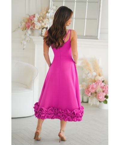 Abito midi elegante fucsia intenso con balza floreale 3D – Tessa