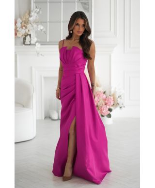 Abito Lungo Fucsia con Corsetto Geometrico e Spacco – Oriana