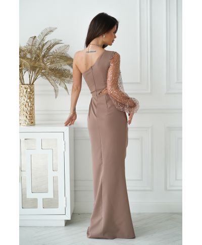 Abito lungo elegante da donna - Monospalla - Colore cammello