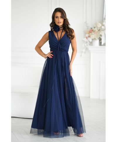 Abito elegante lungo - Spacco sulla gamba - Colore blu navy