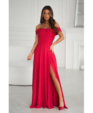 Abito lungo rosso con spacco e scollo alla spagnola - Manichette cadenti