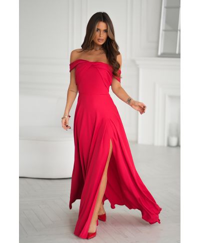 Abito lungo rosso con spacco e scollo alla spagnola - Manichette cadenti