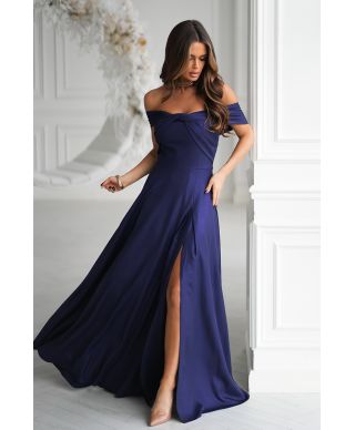 Abito lungo elegante blu notte con effetto metallico e scollo spagnolo