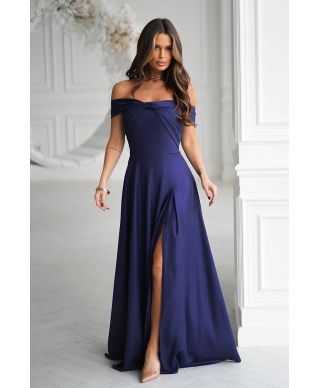 Abito lungo elegante blu notte con effetto metallico e scollo spagnolo