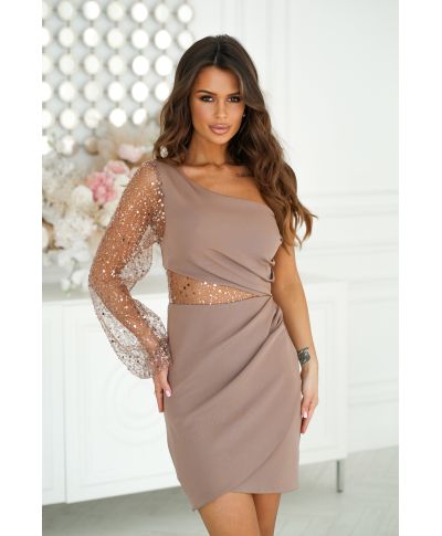 Vestito corto colore cammello - Tubino mono spalla