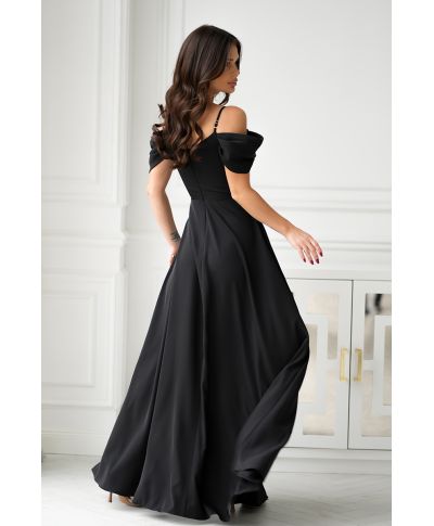 Abito elegante, lungo - Spacco sulla gamba - Spalline cadenti - Nero