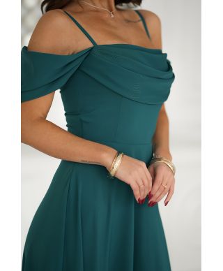 Abito elegante, lungo - Spacco sulla gamba - Spalline cadenti - Verde bottiglia