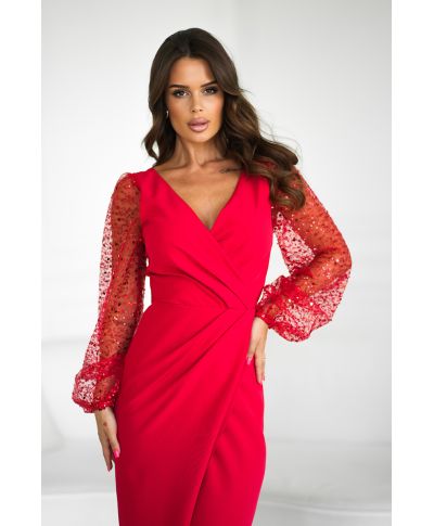 Abito elegante, lungo - Maniche in paillettes - Colore rosso - Scarlet