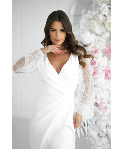 Abito elegante, lungo - Maniche in paillettes - Ecru - Scarlet