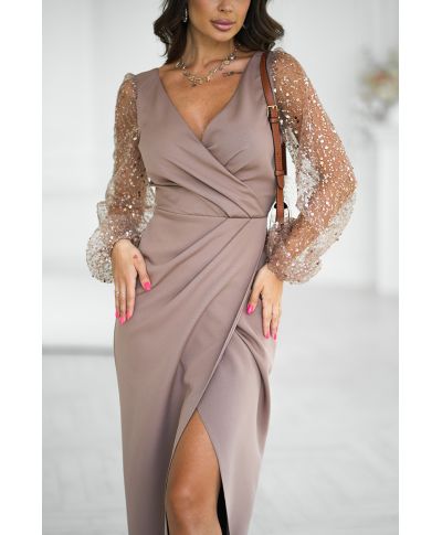 Abito elegante, lungo - Maniche in paillettes - Colore cammello - Scarlet