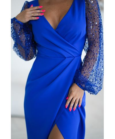 Abito elegante, lungo - Maniche in paillettes - Blu fiordaliso - Scarlet