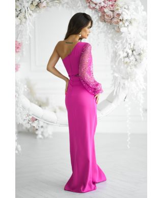 Vestito lungo elegante monospalla, fuxia - Mimi
