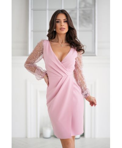 Abito da cerimonia con maniche trasparenti e paillettes - Rosa sporco