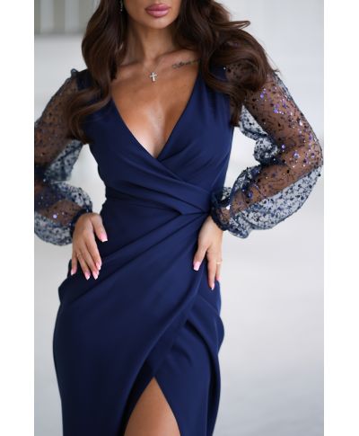 Abito da cerimonia con maniche trasparenti e paillettes - Blu notte