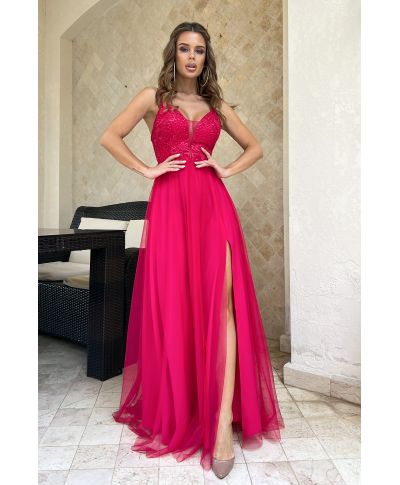 Elegante abito da sera, Lungo - Corsetto – Colore lampone